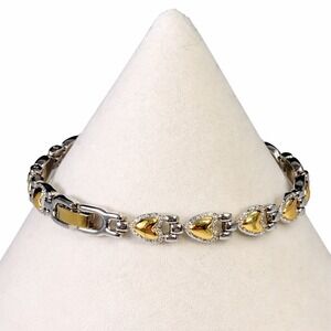 Two Tone Gold Silver Heart Link Bracelet 7 Inch Romantic Jewelry Fold Over Clasp